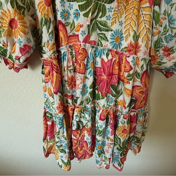 En Crème Floral Printed Puff Sleeve Tiered Mini Dress with Lurex Medium - Picture 6 of 12